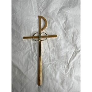 Gold Tone Chi Rho Cross with Wedding Rings Wall Decor Christian Religious Symbol